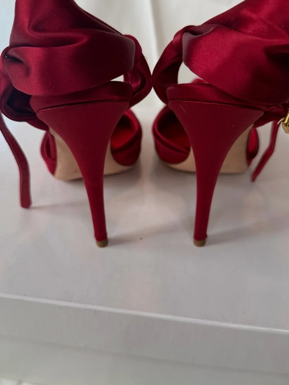 Miu Miu Crimson Satin Knotted Peep-Toe Heels